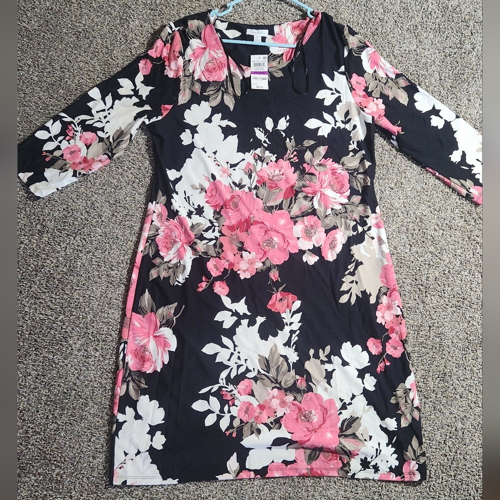 Charter Club Black Dress with Pink and White Floral Design